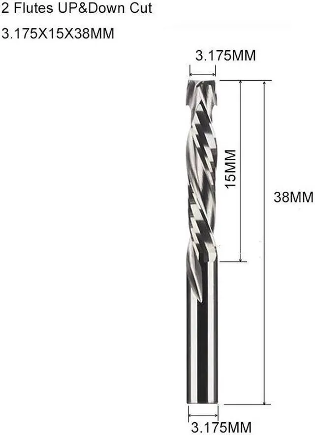 Main image of Two Flutes UP And DOWN Cut Spiral Carbide Mill Cutters for Compression Wood PVC End Mill Cutter Bits(3.175X15X38MM