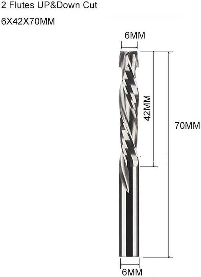 Main image of 1 pieces 6X42X70MM Two Flutes UP And DOWN Cut Spiral Carbide Mill Cutters for Compression Wood PVC End Mill Cutter Bits