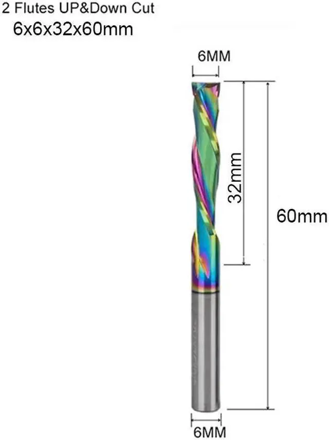 Main image of 1 pieces 6X32X60MM DLC Coat Two Flutes UP And DOWN Cut Spiral Carbide Mill Cutters for Compression Wood PVC End Mill Cutter Bits