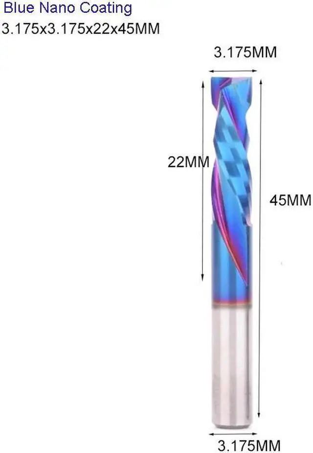 Main image of 10 pieces 3.175X22X45 BlueNano Two Flutes UP And DOWN Cut Spiral Carbide Mill Cutters for Compression Wood PVC End Mill Cutter Bits