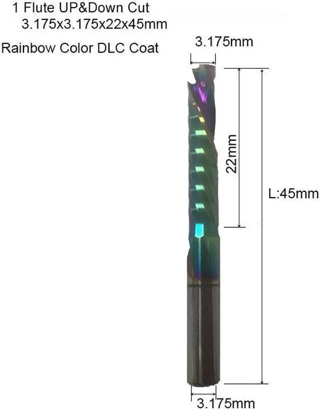 Main image of 1Pcs 3.175X22X45mmRainbow 3A UP DOWN Compound Single Flute Spiral Carbide Mill Tool Cutters for Compression Wood End Mill Cutter