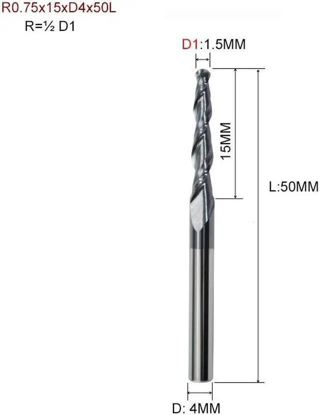 Main image of R0.75x15xD4x50L HRC55 Tapered Ball Nose End Mill Tungsten Solid Carbide Coated Tapered Cone Cnc Milling Cutter