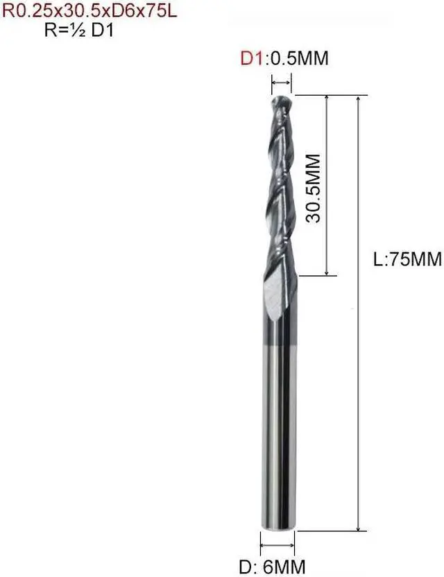 Main image of R0.25x30.5xD6x75L HRC55 Tapered Ball Nose End Mill Tungsten Solid Carbide Coated Tapered Cone Cnc Milling Cutter