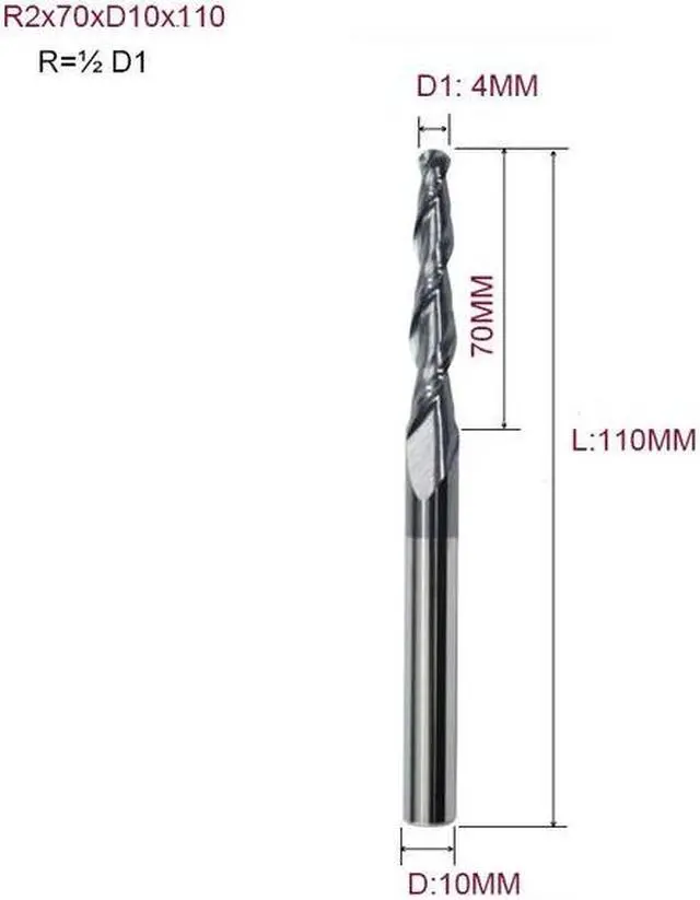 Main image of 1pc Tapered Ball Nose End Mill Tungsten Solid Carbide Coated Tapered Cone Cnc Milling Cutter R2.0x70xD10x110L