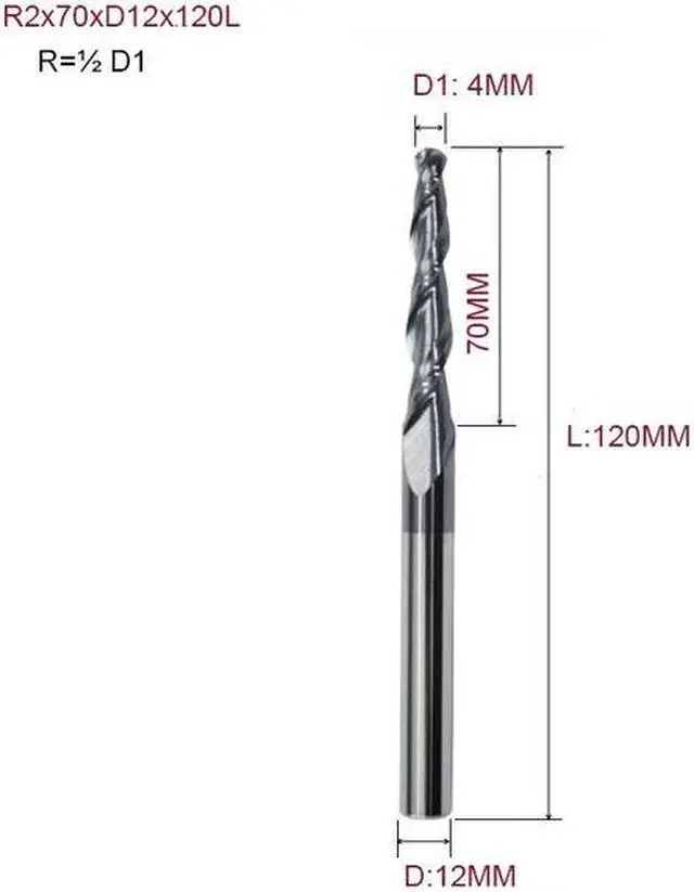 Main image of 1pc Tapered Ball Nose End Mill Tungsten Solid Carbide Coated Tapered Cone Cnc Milling Cutter R2.0x70xD12x120L
