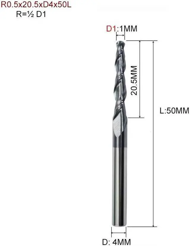 Main image of 1pc Tapered Ball Nose End Mill Tungsten Solid Carbide Coated Tapered Cone Cnc Milling Cutter R0.5x20.5xD4x50L
