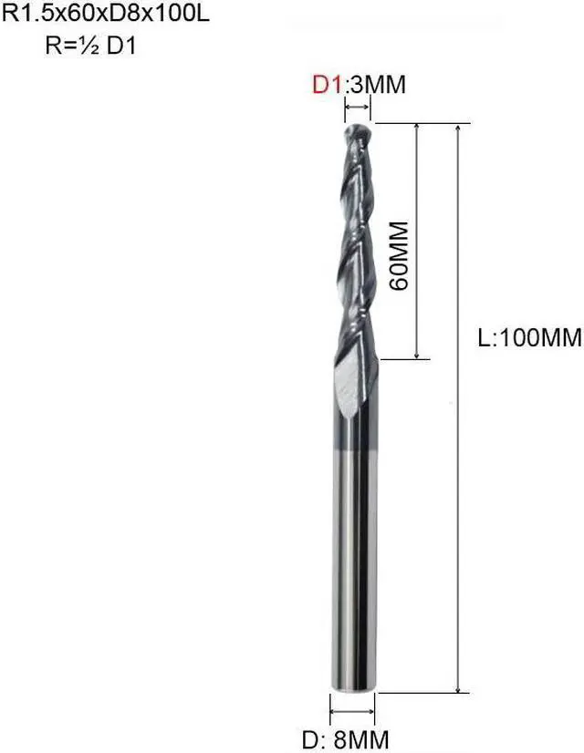 Main image of 1pc Tapered Ball Nose End Mill Tungsten Solid Carbide Coated Tapered Cone Cnc Milling Cutter R1.5x60xD8x100L
