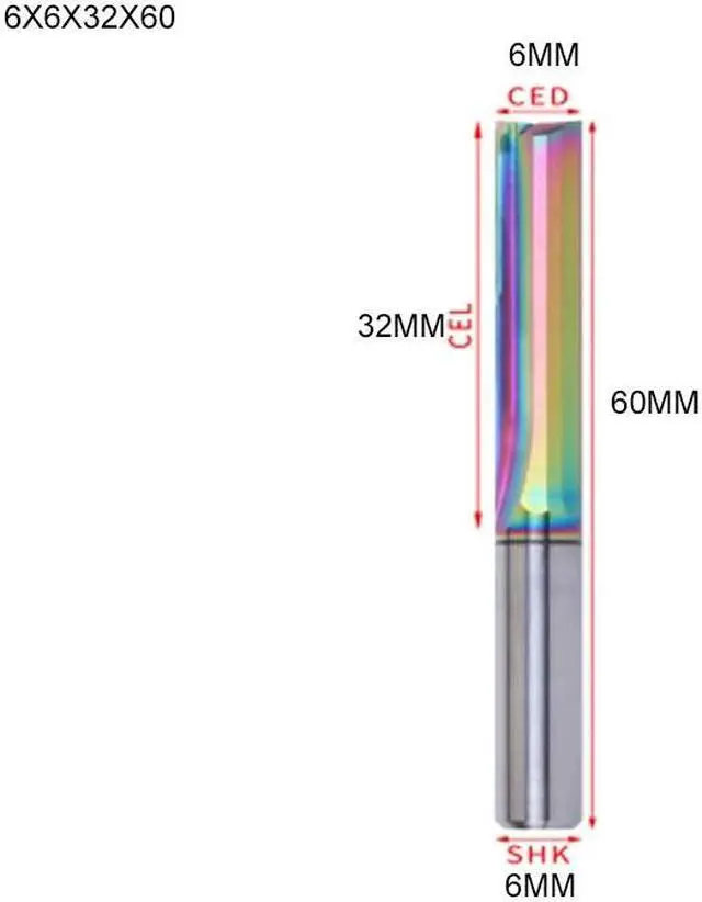 Main image of 1piece Two Flutes Straight Slot Colorful Coated End Milling Cutter For Wood CNC Engraving Carbide Endmills 6x6x32x60
