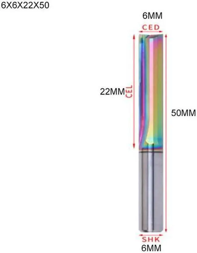 Main image of 1piece Two Flutes Straight Slot End Milling Cutter For Wood CNC Engraving Cutters Carbide Endmills Tool 6x6x22x50 Colorful