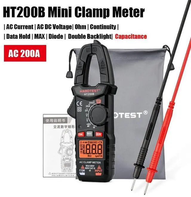 Main image of First picture~ Electrician Tool Mini Digital Clamp Meter Current Voltage Ampere NCV Ohm Tester Ammeter Multimeter(Gold HT200B with CaP
)