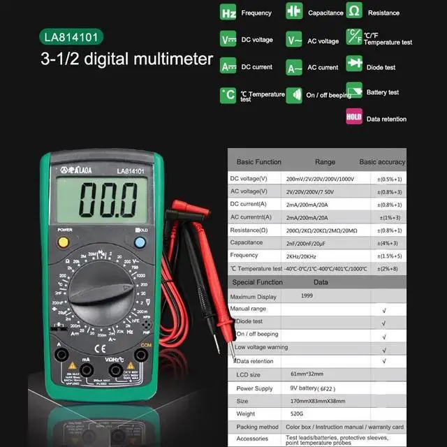 Main image of First picture~ Digital Multimeter  AC/DC Ammeter Voltmeter Ohm portable Meter voltage meter Clamp Multimeter probe professional Tools(Red LA814101
)