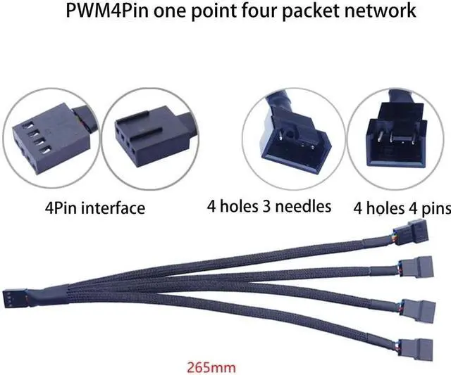 Alt view image 2 of 6 - 4PIN Black Mainboard Fans Cable Y Splitter PWM Cable Computer PC Fan Power Extension Line 4-Way 27CM/10.6in