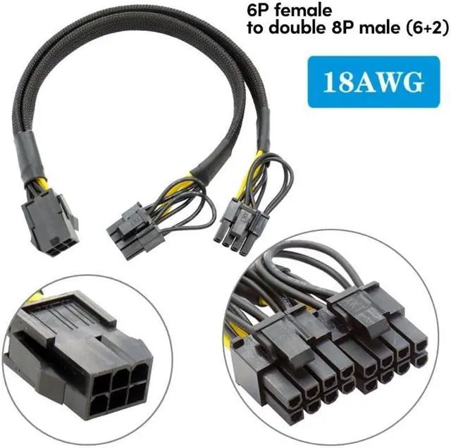 Alt view image 2 of 6 - GPU PCIe 6Pin Female to 2X 8Pin (6+2) Male PCIExpress Graphics Card Power Adapter 6P PCIE Extension Splitter Cable