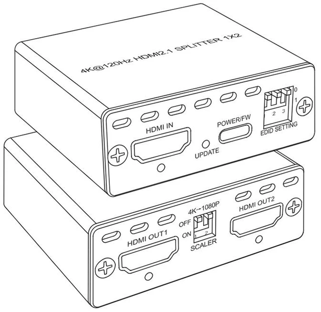 Alt view image 2 of 4 - 8k@60Hz HDMI 2.1 Splitter 1x2 Support Do-lby Vision and HDCP 2.3 EDID Management 4K to 1080P scaler