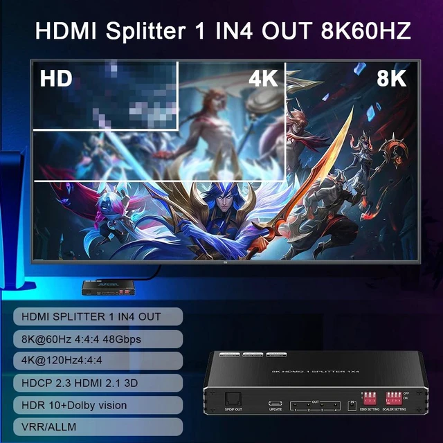 Main image of EUR Plug,HDMI 2.0 Splitter 1 in 4 Out 4k@120hz 8K@60Hz 4:4:4 EDID Switch hdmi Splitter 1x4 for PC Monitors