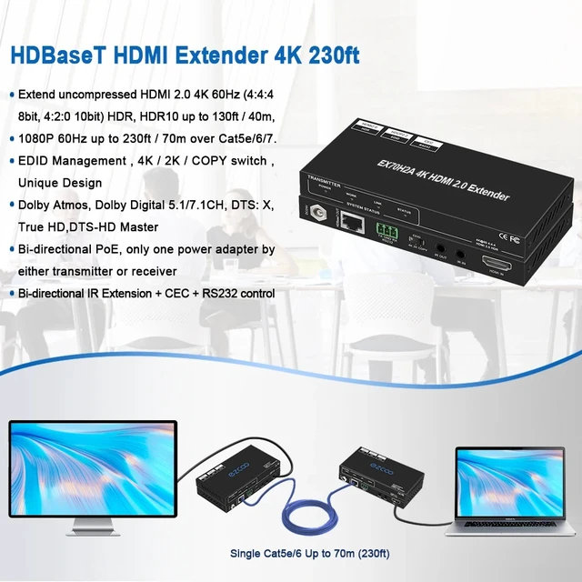 Alt view image 3 of 5 - EUR Plug,4K HDMI 2.0 Extender HD Video Transmitter Receiver Kit 70M Support Bid-PoE ,EDID ,IR ,RS232