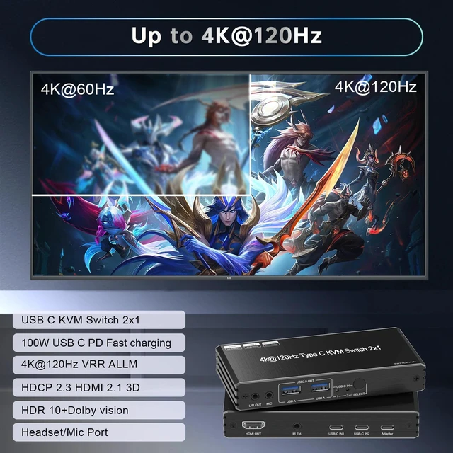 Alt view image 2 of 5 - ,4K@120Hz 8k@60Hz USB C KVM Switch 2x1 Kvm Switch Usb c 2 Computer 1 Monitor with PD 100W 2 X1 hdmi Kvm Switch