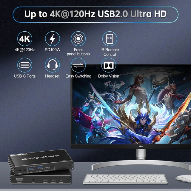 Alt view image 3 of 5 - ,4K@120Hz 8k@60Hz USB C KVM Switch 2x1 Kvm Switch Usb c 2 Computer 1 Monitor with PD 100W 2 X1 hdmi Kvm Switch
