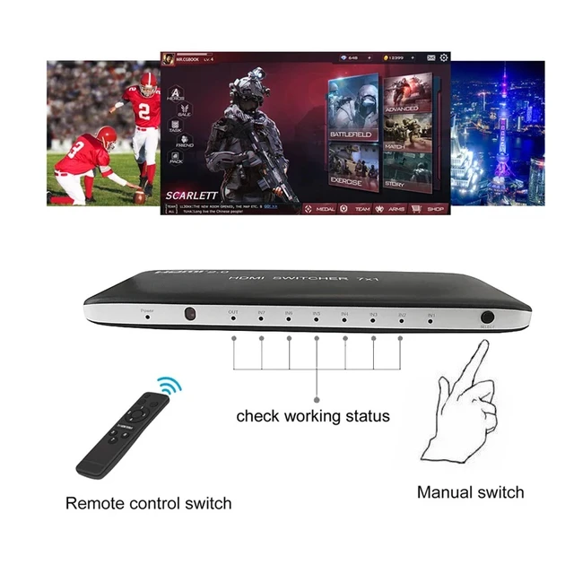 Alt view image 3 of 5 - EUR Plug,7x1 HDMI 2.0 Switch Switcher Audio Video Converter 7 in 1 out 3D 4K 60Hz for PS3 PS4 Computer PC DVD HD Players TV STB TO HDTV