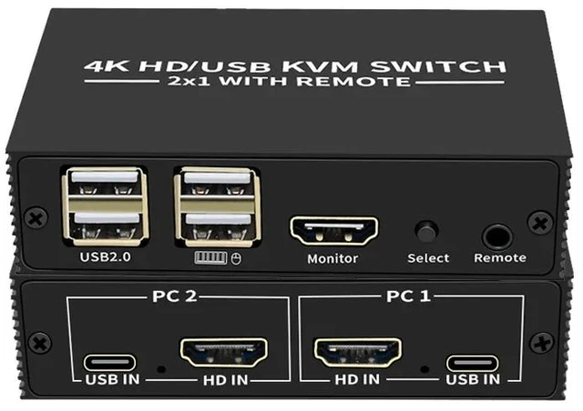 Main image of ,2 Port HDMI KVM Switch 2x1 4K HDMI USB Switch Selector 2 In 1 Out with Desktop Controller Sharing Monitor USB 2.0 Mouse Keyboard