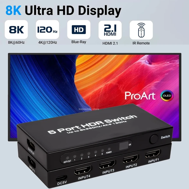 Alt view image 2 of 5 - 8K 3 in 1 out,5-Port 8K HDMI Switch 5 in 1 out HDMI 2.1 Switcher Selector 3x1 Video Converter with Remote 4K@120Hz HDR HDCP2.3 for PS5/4 PC TV