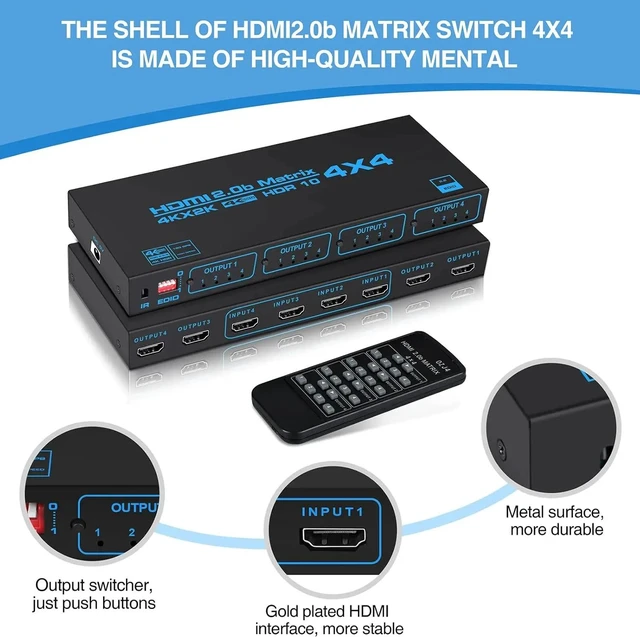 Alt view image 4 of 5 - with EU Plug,4K HDMI Matrix Switch 4 in 4 out HDMI Switcher Splitter 4x4 Audio Video Distributor Selector Box for Ps4 Camera PC to TV Monitor