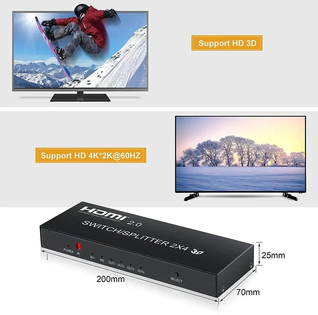 Alt view image 4 of 5 - 2 in 4 out,4K@60Hz HDMI Switch Splitter 2 in 4 out with SPDIF 3.5mm Audio HDMI Video Splitter Switcher Copy Display 1080P for PC TV Monitor