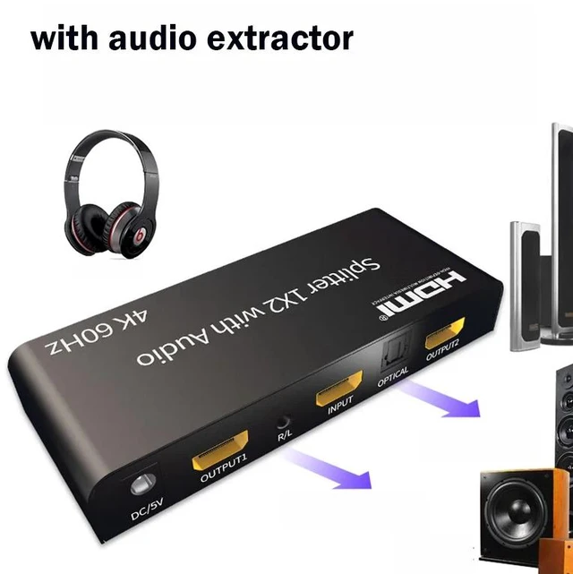 Alt view image 2 of 5 - with US Plug,4K 60Hz HDMI Splitter Audio Extractor 1x2 Splitter HDMI Switch 1 in 2 out with Optical Toslink + 3.5mm Audio out for PS5/4 PC TV