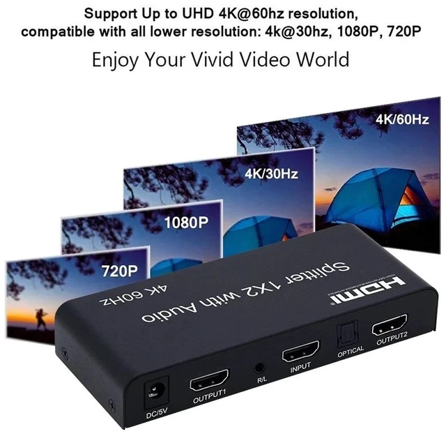 Alt view image 5 of 5 - with US Plug,4K 60Hz HDMI Splitter Audio Extractor 1x2 Splitter HDMI Switch 1 in 2 out with Optical Toslink + 3.5mm Audio out for PS5/4 PC TV