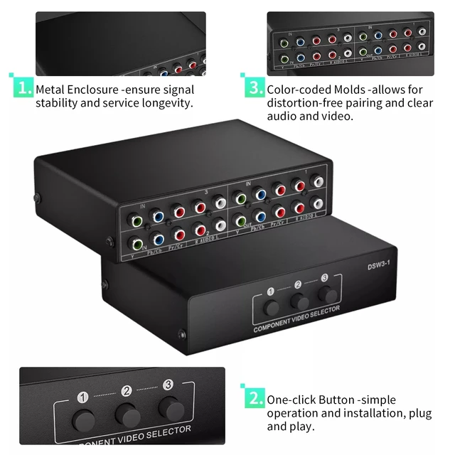 Alt view image 4 of 5 - ,YPbPr L/R AV Video Switch 3 in 1 out Component AV 3 RCA RGB Selector Switcher 3x1 Converter for Wii PS3 PS2 DVD HDTV Plug & Play