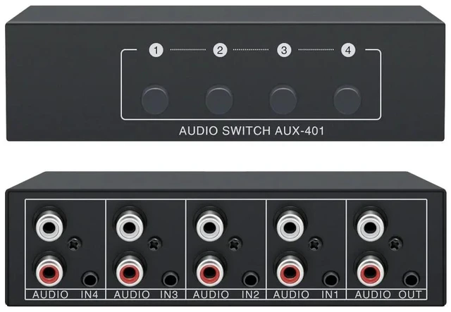 Main image of 4 in 1 out,RCA Audio Switcher 4 in 1 Out Bidirectional Passive RCA L/R + 3.5mm Aux Analog Audio Share Selector Switch Box No Power Need