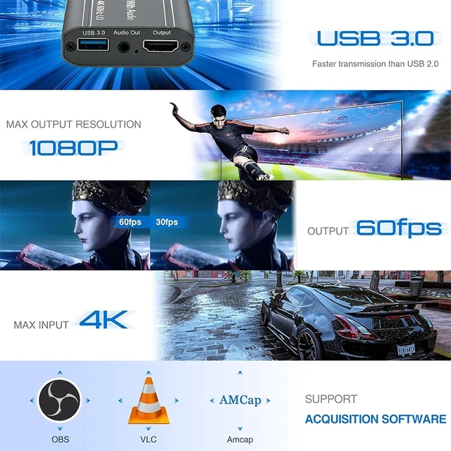 Alt view image 3 of 5 - ,4K HDMI Video Capture Card 1080P 60Hz HDMI to USB Video Audio Recorder Card with Microphone Loop-out for Live Streaming PS5 PC