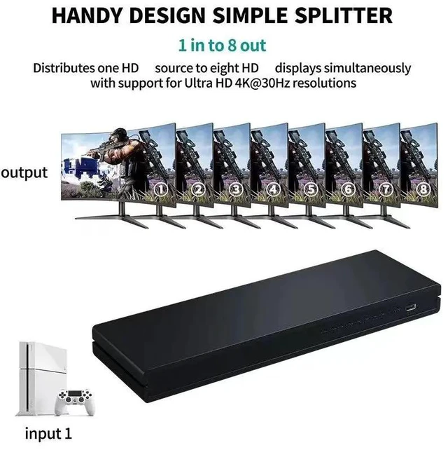 Alt view image 3 of 5 - UK Plug,1x8 Video Distributor Converter HDMI-compatible 1 in 8 out 4K 30Hz 8 Port Splitter HDCP1.4 for PC Loptop PS4 DVD Projector TV