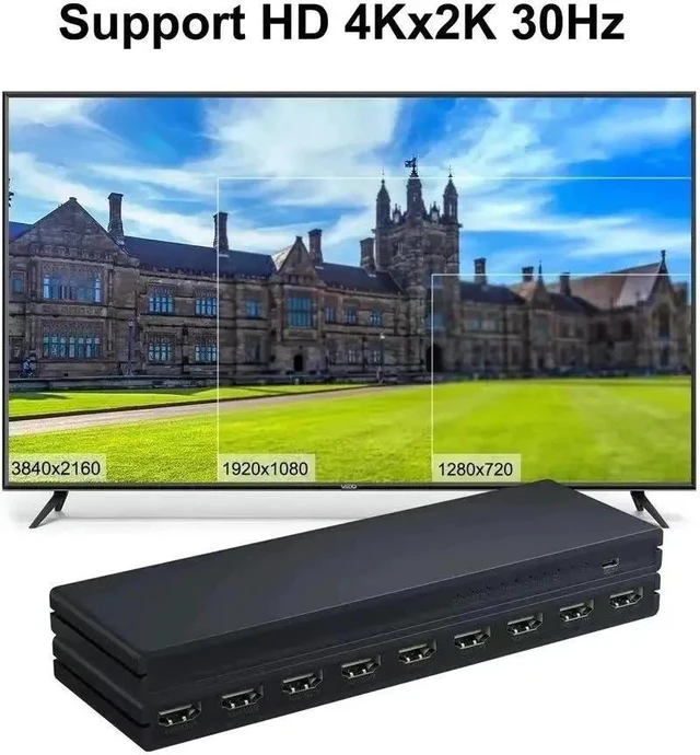Alt view image 4 of 5 - UK Plug,1x8 Video Distributor Converter HDMI-compatible 1 in 8 out 4K 30Hz 8 Port Splitter HDCP1.4 for PC Loptop PS4 DVD Projector TV
