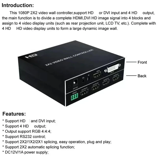 Alt view image 4 of 5 - 1080p60 input,4K 2x2 Video wall Controller for HDMI 1080P 60Hz 1X2 1X4 1X3 2X1 3x1 4X1 multi video screen processor switcher splice