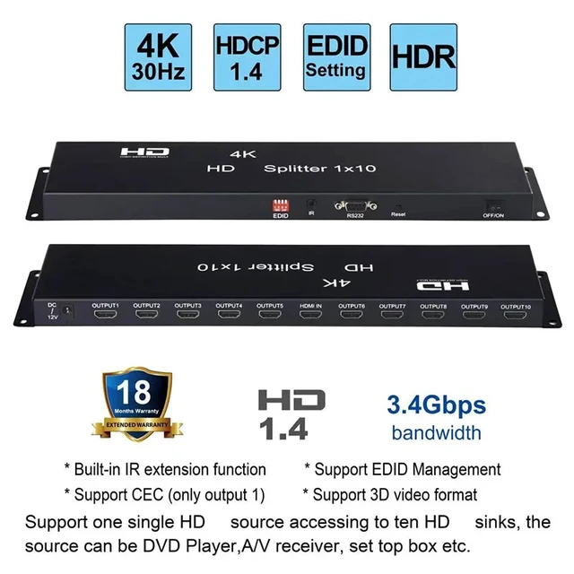 Alt view image 2 of 5 - AU Plug,4K 1x10 Splitter for Hdmi Video Distributor Converter 1 in 10 Out Multiscreen Display Copy Share for PS4 Camera PC TO TV Monitor