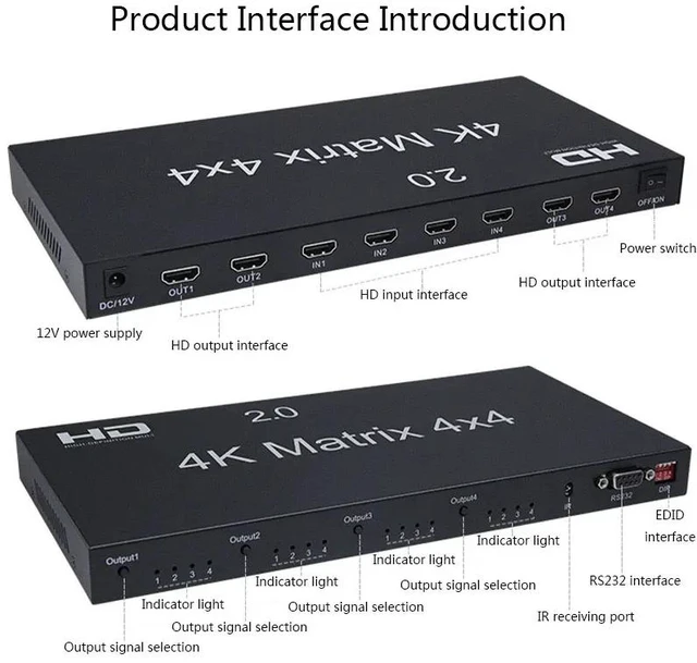 Alt view image 4 of 5 - UK Plug,4K 60Hz True Matrix 4x4 Matrix Swticher for HDMI 4 In 4 out Switch Splitter Selector Box with IR Remote HDR HDCP 2.2 EDID
