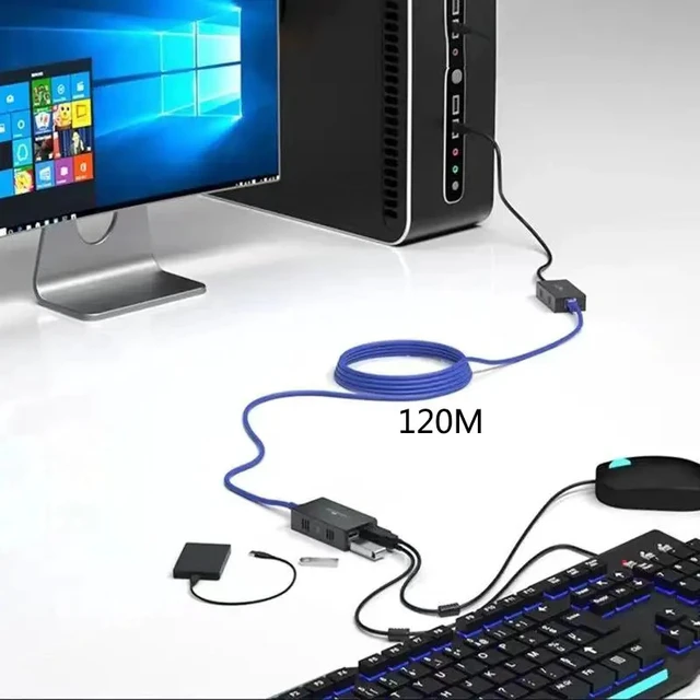 Alt view image 5 of 5 - EU Plug,4 Port USB 120M Extender USB 2.0 Hub Over Cat 6E/6 Ethernet UTP Extension POC RJ45 Cable Metal Transmitter and Receiver