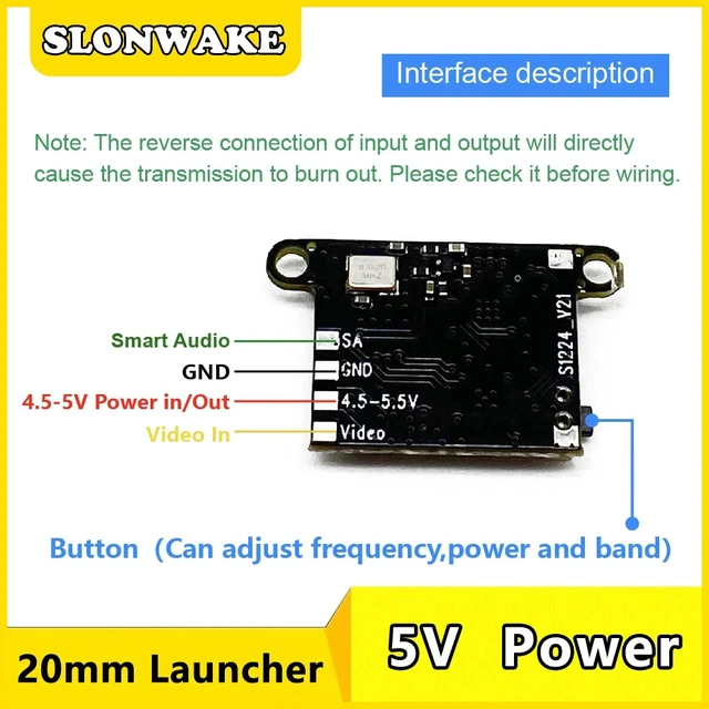 Alt view image 3 of 5 - 5pcs VTX,SLONWAKE 20mm 5.8G 48CH PitMode 5V/1A 25mW 100mW 200mW Adjustable VTX Video Transmitter support tbs for FPV Racing Micro Drones