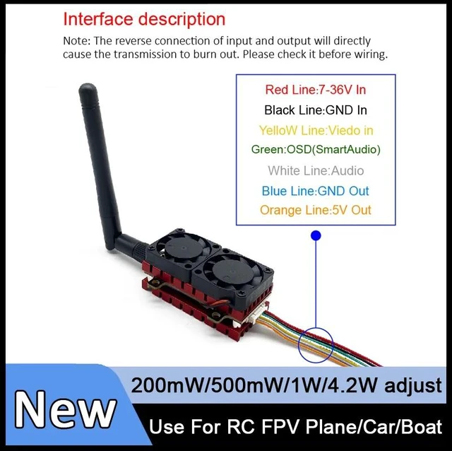 Alt view image 3 of 5 - 4.2W transmitter,SLONWAKE 5.8G VTX Video Transmitter 200mW/500mW/1000mW/4200mW adjustable VTX 2-6S build in two cooling fans use for RC Parts