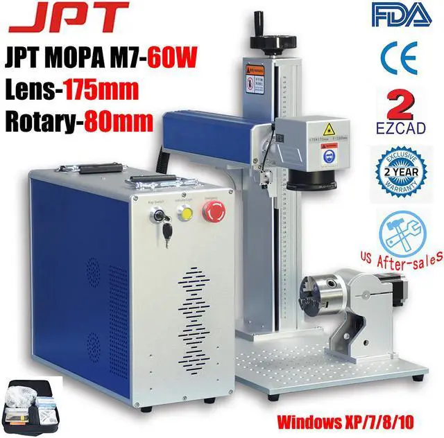Main image of 110V Fiber Laser Marking Machine MOPA JPT M7 60W Deep Engraving Cutting Color Marking on Stainless Steel & Anodized Aluminum Marking Black Marking Area 6.9" × 6.9"  with Rotary Axis 80mm USA Stock