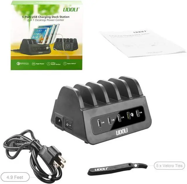 Alt view image 7 of 7 - 5 USB Ports Charging Station Organizer for Multiple Devices Fast Charging Desktop Stand for Apple Android Phone Tablet 1600W 2 AC Power Outlets Charger Dock for Home Office 3 Prong Cord Black