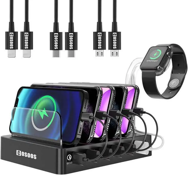 Main image of COSOOS Fastest Charging Station with QC 3.0, 63 W 6-Port USB Charging Station for Multiple Devices with 6 Mixed Short Cable & iWatch Stand, Multi Charger Station for Cell Phone, Tablet