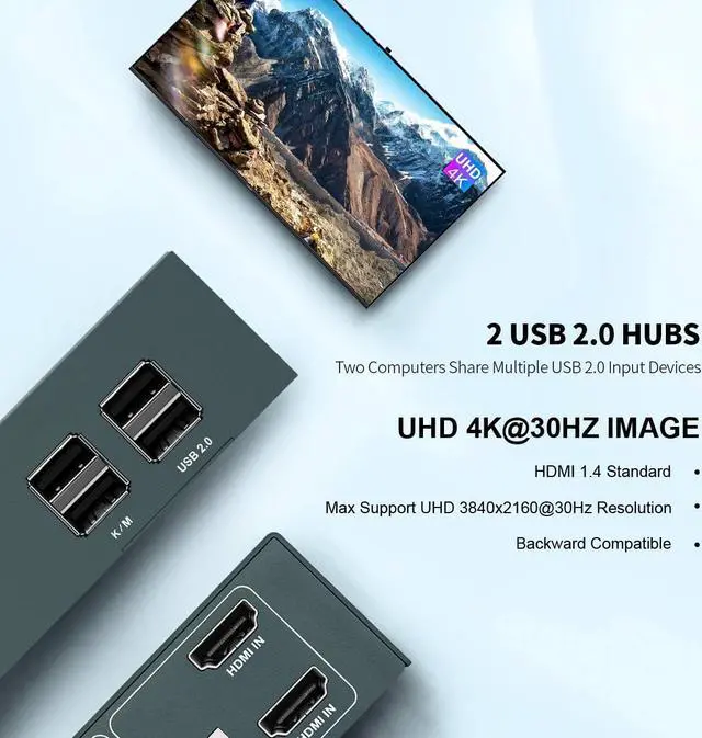 Alt view image 2 of 6 - KVM Switch HDMI Dual Monitor Extended Display 2 Port 2 USB 2.0 Hub UHD 4K@30Hz YUV4:4:4 Downward Compatible Hotkey Switch with All Needed Cables No Adapter Required