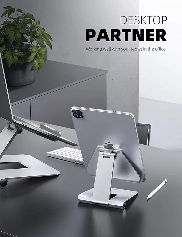 Alt view image 2 of 7 - Lamicall Adjustable Tablet Stand Holder - 360 Degree Rotating Tablet Mount, Desktop Tablet Dock, Compatible with iPad Pro 11 / 12.9, Mini, Air, Tabs, Kindle and 4.7" - 13" Tablet - Silver