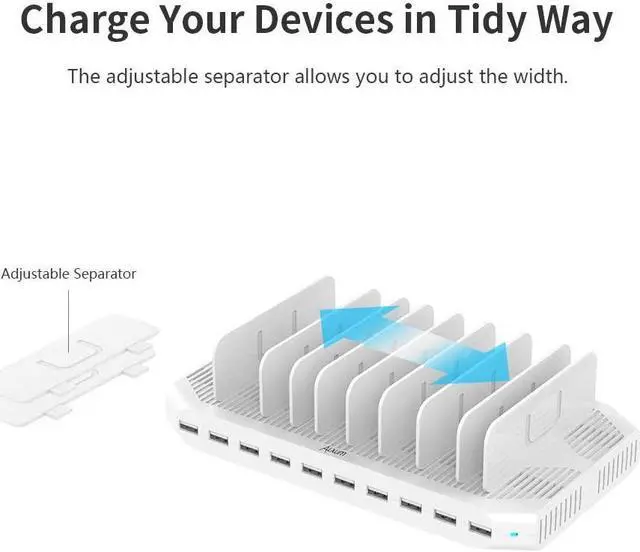 Alt view image 7 of 7 - Alxum iPad Charging Station, 96W 10 Port USB Charging Station for Tablet and More Multi Devices Organizer with Detachable Dividers, White