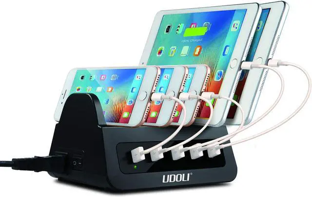 Alt view image 6 of 7 - 5 USB Ports Charging Station Organizer for Multiple Devices Fast Charging Desktop Stand for Apple Android Phone Tablet 1600W 2 AC Power Outlets Charger Dock for Home Office 3 Prong Cord Black