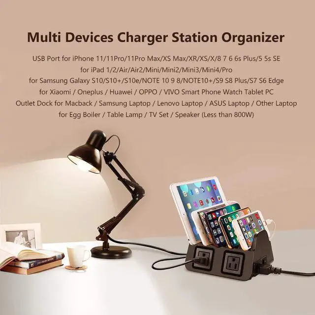 Alt view image 5 of 7 - 5 USB Ports Charging Station Organizer for Multiple Devices Fast Charging Desktop Stand for Apple Android Phone Tablet 1600W 2 AC Power Outlets Charger Dock for Home Office 3 Prong Cord Black