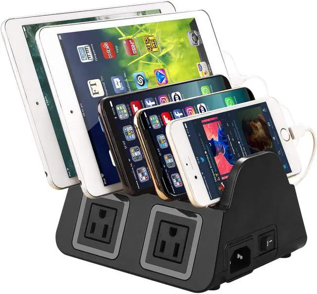 Main image of 5 USB Ports Charging Station Organizer for Multiple Devices Fast Charging Desktop Stand for Apple Android Phone Tablet 1600W 2 AC Power Outlets Charger Dock for Home Office 3 Prong Cord Black