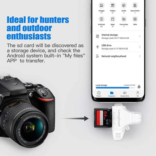 Alt view image 6 of 7 - LEEGLOAD SD Card Reader,4 in 1 Micro SD Card Reader for iPhone/iPad/Android/Mac/Trail Camera,Deer Cam Card Viewer with USB C & Lightning,No Need APP